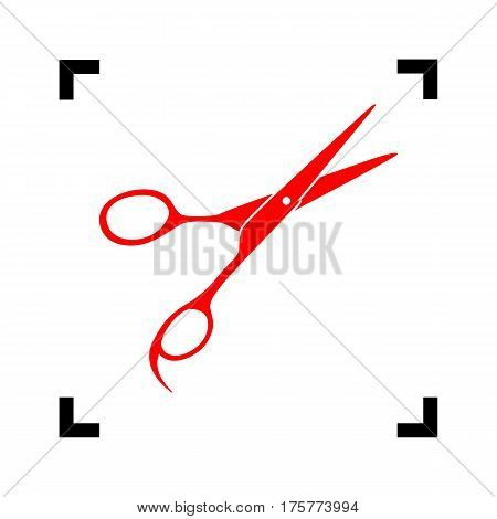 Hair cutting scissors sign. Vector. Red icon inside black focus corners on white background. Isolated.