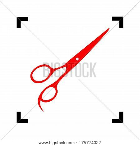Hair cutting scissors sign. Vector. Red icon inside black focus corners on white background. Isolated.