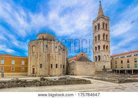 Scenic view at religious roman monuments in old town Zadar, famous touristic resort in summertime, Croatia Europe.