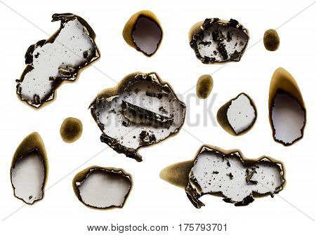 set of scorched holes white paper, isolated on white background