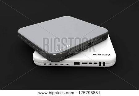 Hdd, mini hard disk drive white and dark colors, components, 3d Illustration, isolated black