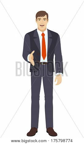 Businessman gives a hand for a handshake. Full length portrait of businessman in a flat style. Vector illustration.