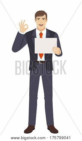 Businessman showing a a paper and show a okay hand sign. Full length portrait of businessman in a flat style. Vector illustration.