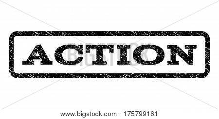 Action watermark stamp. Text caption inside rounded rectangle frame with grunge design style. Rubber seal stamp with dirty texture. Vector black ink imprint on a white background.
