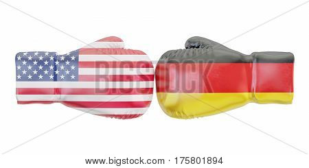 Boxing gloves with USA and Germany flags. Governments conflict concept 3D rendering