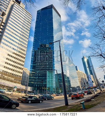 Warsaw, Poland - March 05, 2017: Q22 is a neomodern office skyscraper in Warsaw by the Polish real estate developer Echo Investment and designed by APA Kurylowicz Associates with collaboration from Buro Happold Polska. The building is 195 metres high and 
