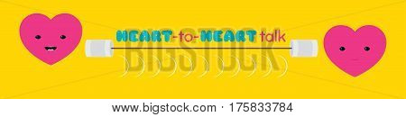 Vector illustration of two heart characters talking to each other through a tin can telephone. Vibrant colors. Long horizontal format.
