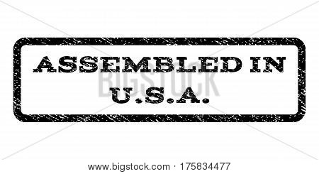 Assembled In U.S.A. watermark stamp. Text tag inside rounded rectangle frame with grunge design style. Rubber seal stamp with unclean texture. Vector black ink imprint on a white background.