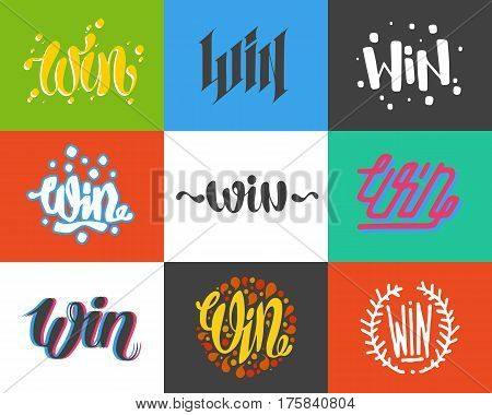 Win text sign test success message contest promotion banner competition and award lucky lottery word modern reward gamble champion vector illustration. Decoration label entry chance element.