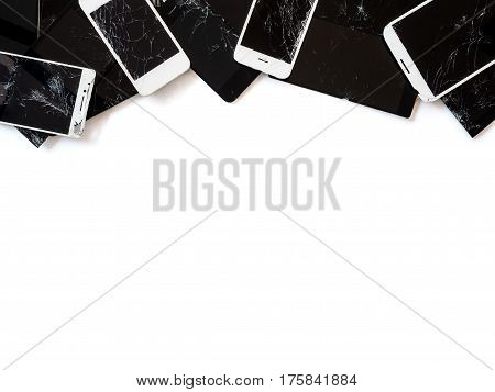 Top view image of the group of broken smartphone screen (e-waste) isolate on white background with copy space Clipping path