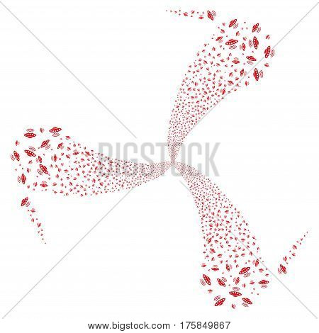 Alien Invasion fireworks swirl rotation. Vector illustration style is flat red iconic symbols on a white background. Object spiral combined from random symbols.