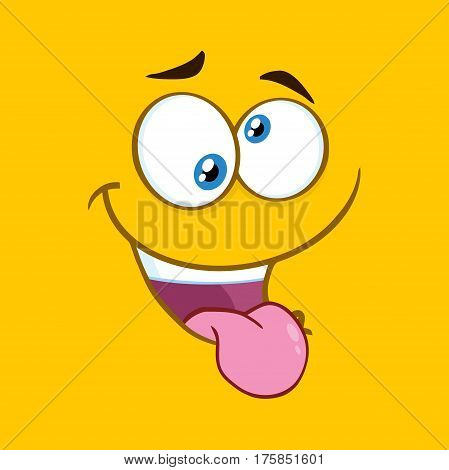 Mad Cartoon Square Emoticons With Crazy Expression And Protruding Tongue. Illustration With Yellow Background
