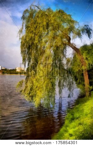 Watercolor landscape. A quiet spring evening. Young trees have dismissed the leaves of the smooth surface of a calm lake
