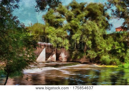 oil painting river dam on a hot summer day