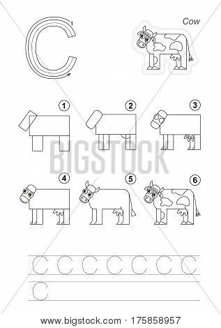 Vector illustrated alphabet with kid educational game to learn handwriting with easy gaming level for preschool kids, the drawing tutorial for letter C. Cow.