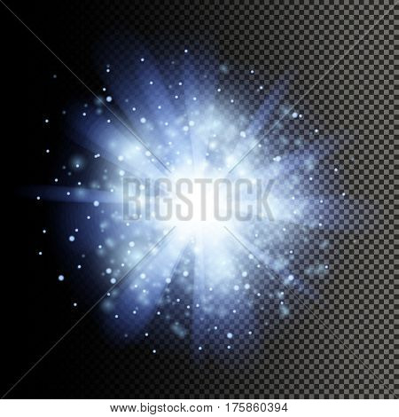 Star burst with sparkles. Blue glitter. Transparent glowing effect. Vector illustration