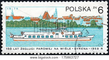 UKRAINE - CIRCA 2017: A stamp printed in POLAND shows 150 Years of steam navigation on the Vistula River chip Syrena 1959 circa 1979