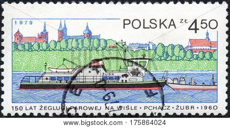 UKRAINE - CIRCA 2017: A stamp printed in POLAND shows 150 Years of steam navigation on the Vistula River Pusher Zubr circa 1979