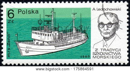 UKRAINE - CIRCA 2017: A stamp printed in POLAND shows Tradition Marine School captain A.Ledochowski and Chip Zenit circa 1980