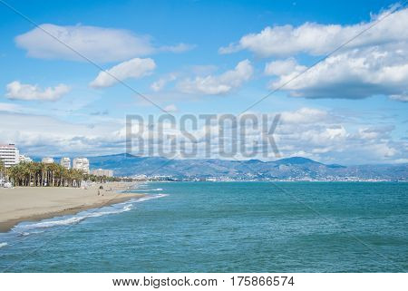 A view to Maditerranean sea and Torremolinos beaches with mountains on the background Andalusia Spain.