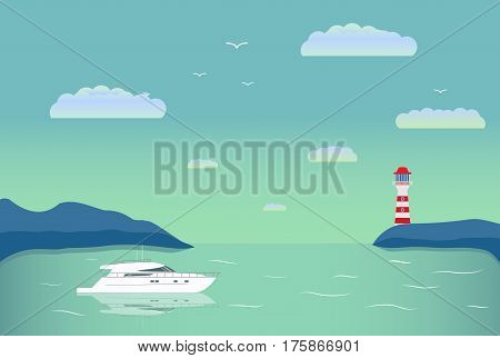 Summer landscape with flat sea the yacht in a bay of the island and a beacon on the horizon. Tourist cruise on the sea vessel.