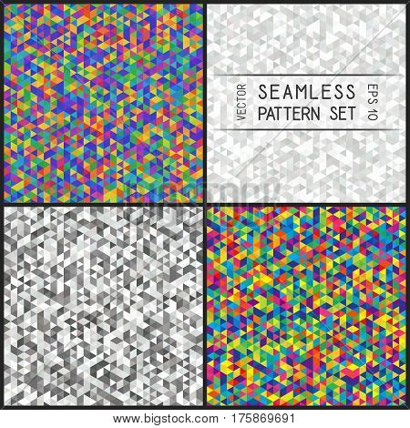 Set of Colorful and Monochrome Seamless Patterns of Symmetric Triangles. Collection of Triangular Continuous Backgrounds for Covers Templates Wrapping Paper. Geometric Abstract Triangles Theme.