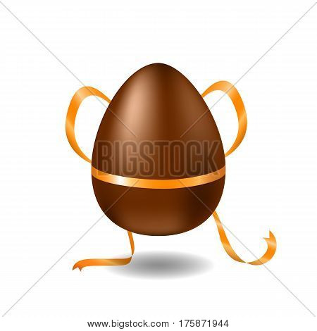 Chocolate egg with ribbon and shadow. Happy Easter vector illustration on white background. Sweet milk chocolate egg with golden bow. Easter egg present with surprise. Chocolate Easter egg clipart