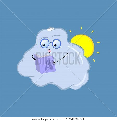 Cute cloud character vector sticker. Hand-drawn illustration for weather forecast school book education banner. Reading geek character in glasses with open book. Surprised or interested emotion