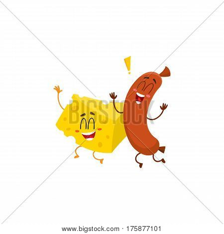 Frankfurter sausage and cheese chunk characters dancing happily together, cartoon vector illustration isolated on white background. Funny cheese and sausage characters, mascots with human faces