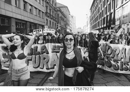 MILAN ITALY - MARCH 8: Secondary school students take part in a march to celebrate the International Women's Day on MARCH 8 2017 in Milan.