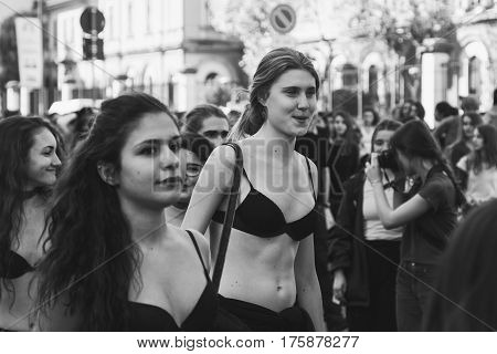 MILAN ITALY - MARCH 8: Secondary school students take part in a march to celebrate the International Women's Day on MARCH 8 2017 in Milan.