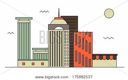 Modern street scenery in flat design style. Residential or business district with park and small coffeehouse or shop