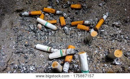 A cigarettes butts in ashtray, selective focus.