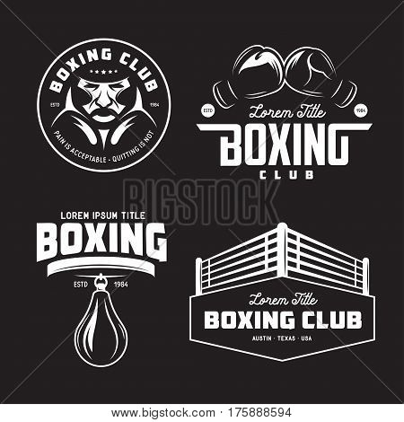 Boxing club labels emblems badges set. Boxing related design elements for prints, logos, posters. Vector vintage illustration.