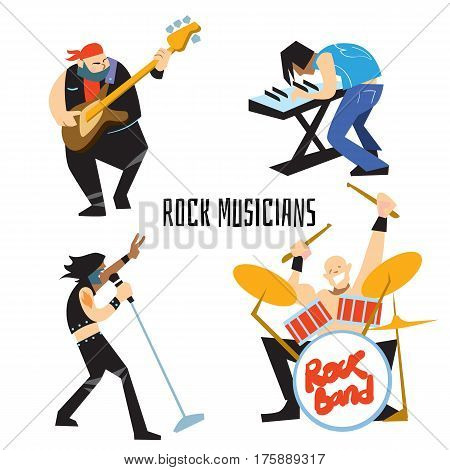 Rock band, music group with musicians concept of artistic people vector illustration. Singer, guitarist, drummer, and keyboardist isolated characters performing. Rock star concept in flat design.