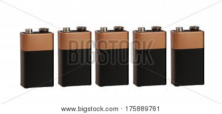 Five batteries of the type PP3 on white background, isolated