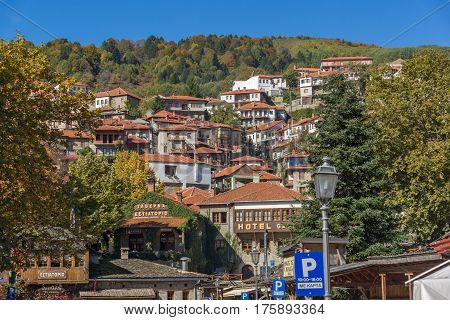 METSOVO, EPIRUS, GREECE - OCTOBER 19 2013: Panoramic view of village of Metsovo near city of Ioannina, Epirus Region, Greece