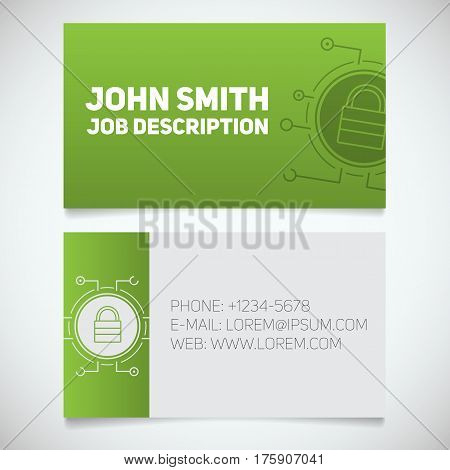 Business card print template with closed lock logo. Easy edit. Cyber security. System administrator. Padlock in microchip pathways. Stationery design concept. Vector illustration