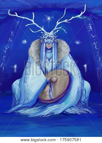 North shaman in surrealistic mask on blue background