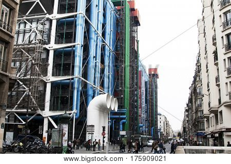 PARIS, FRANCE - FEBRUARY 26, 2010: The Pompidou Centre is a complex building in the Beaubourg area of the 4th arrondissement. It houses the Public Information Library and the museum of Modern art.