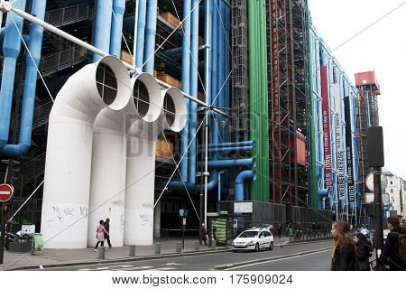 PARIS, FRANCE - FEBRUARY 26, 2010: The Pompidou Centre is a complex building in the Beaubourg area of the 4th arrondissement. It houses the Public Information Library and the museum of Modern art.