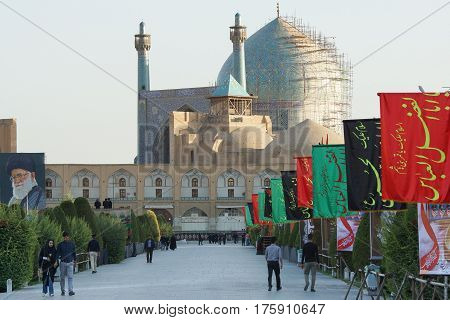 ISFAHAN, IRAN - OCTOBER 11, 2016: Imam Mosque on Meydan-e Imam during Moharram on October 11, 2016 in Isfahan, Iran