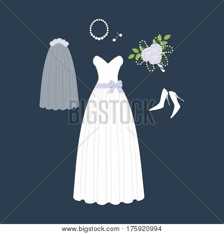 Bride weddig dress on the blue background. Vector illustration