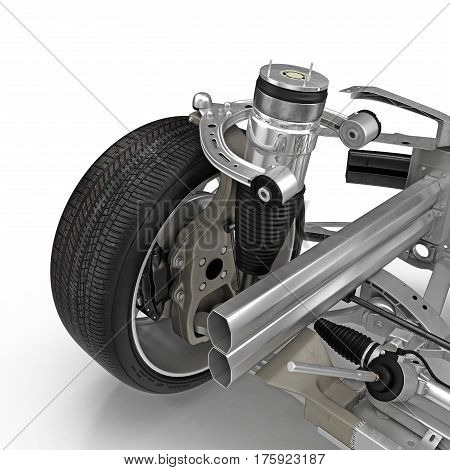 Electric Car Front Axle with new tire isolated on white background. 3D illustration