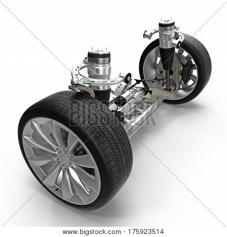 Electric Car Front Axle with new tire isolated on white background. 3D illustration