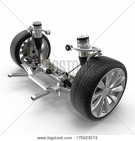 Electric Car Front Axle with new tire isolated on white background. 3D illustration