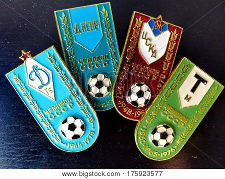 USSR - CIRCA 1980: Badges with the inscription 