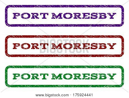 Port Moresby watermark stamp. Text tag inside rounded rectangle frame with grunge design style. Vector variants are indigo blue, red, green ink colors. Rubber seal stamp with dust texture.