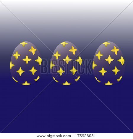 Transparent Easter eggs with a gold pattern on a blue gradient background
