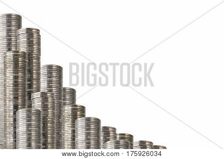 Rows of coin stacks isolated on white. Backslash decoration with money.
